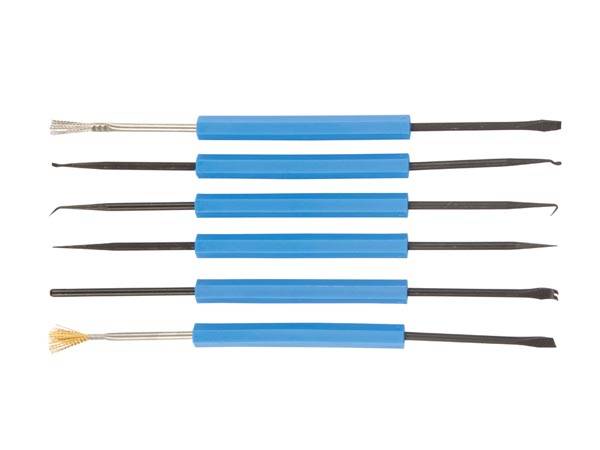 Satz aus sechs Präzisions-Handwerkzeugen mit blauen Griffen und unterschiedlichen Metallspitzen, angeordnet in einer Reihe auf weißem Hintergrund.