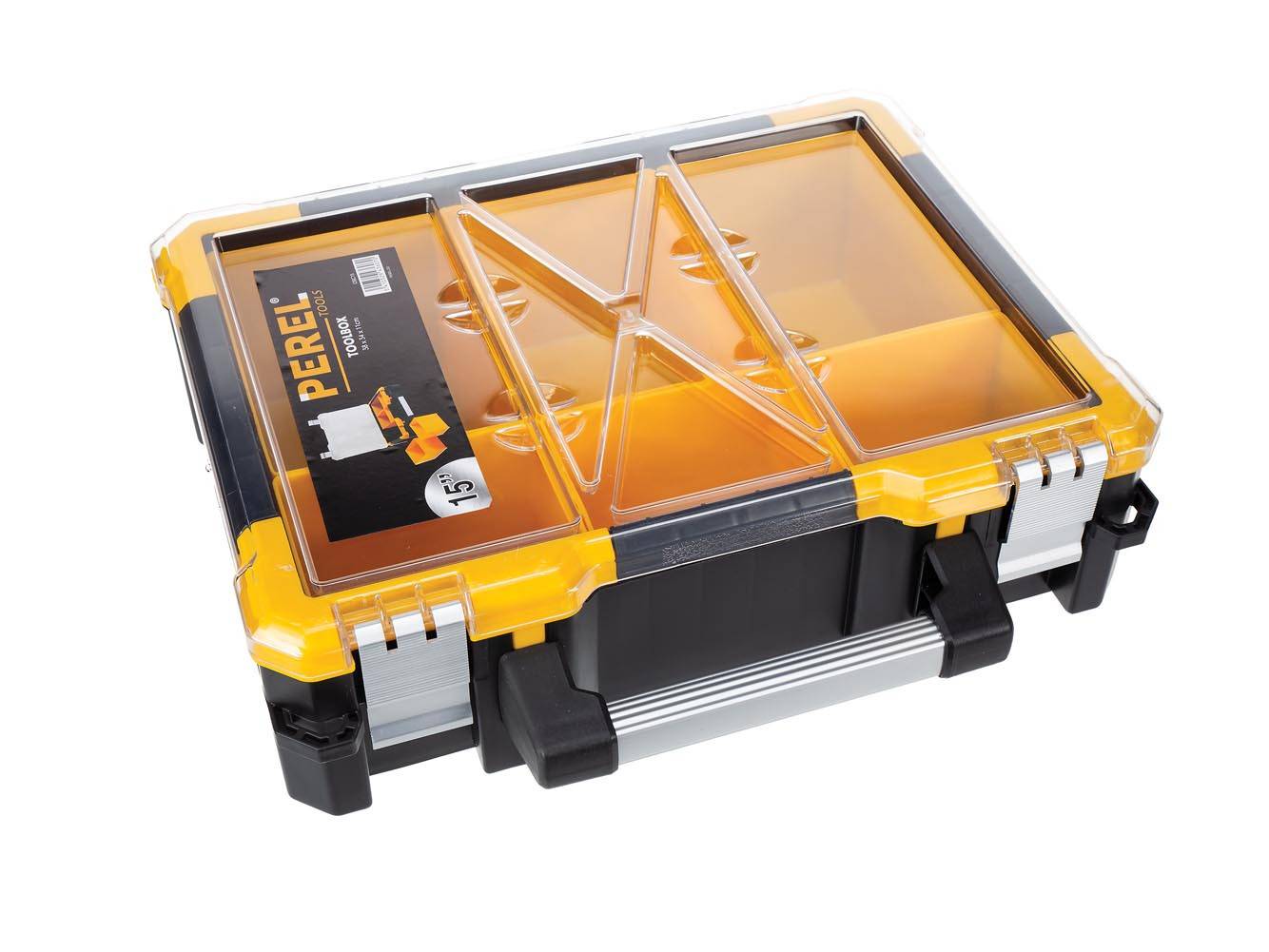Gelber und schwarzer Werkzeugorganizer der Marke 'Perel' mit transparentem Deckel, mit mehreren Fächern zur Aufbewahrung.