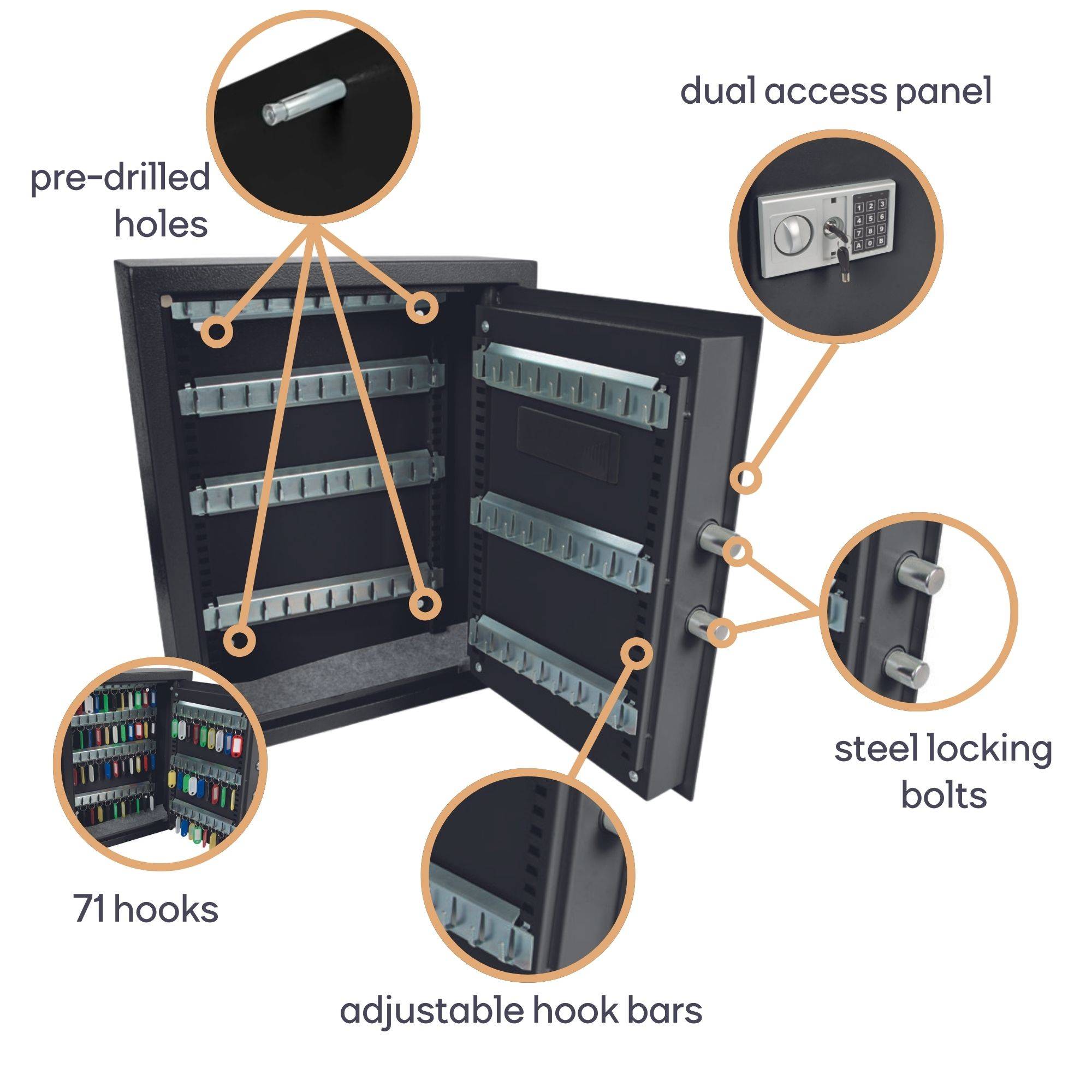 Perel Schlüsseltresor mit elektronischem Zahlenschloss, Safe 71 Haken, Schwarz