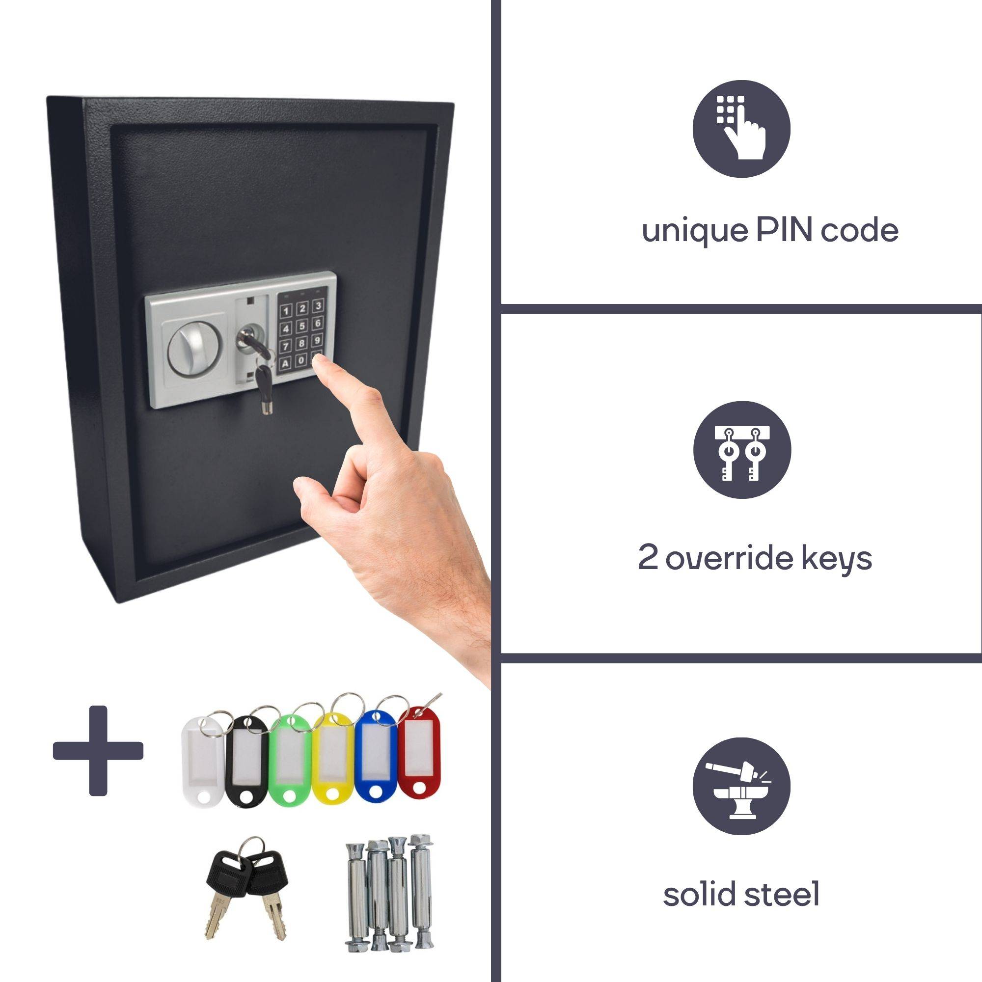 Perel Schlüsseltresor mit elektronischem Zahlenschloss, Safe 71 Haken, Schwarz