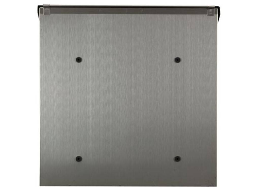 Eine gebürstete Metallwandplatte mit vier Schraubenlöchern, konzipiert für Montage- oder Abdeckungszwecke.