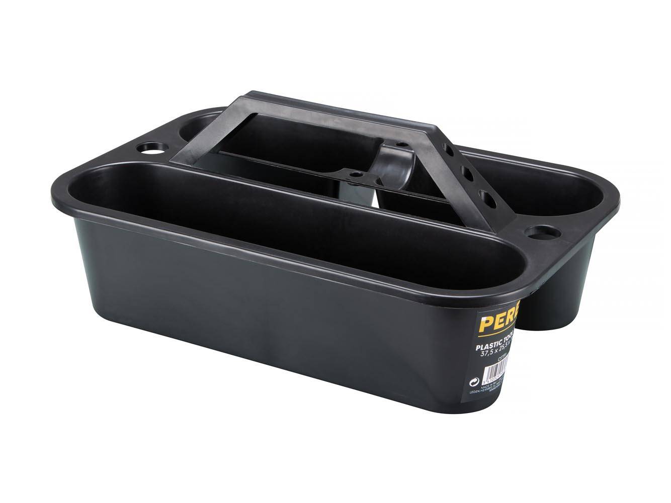 Eine schwarze Kunststoff-Aufbewahrungsbox mit Griff und mehreren Fächern, entworfen zur Organización von Werkzeugen oder kleinen Haushaltsgegenständen.