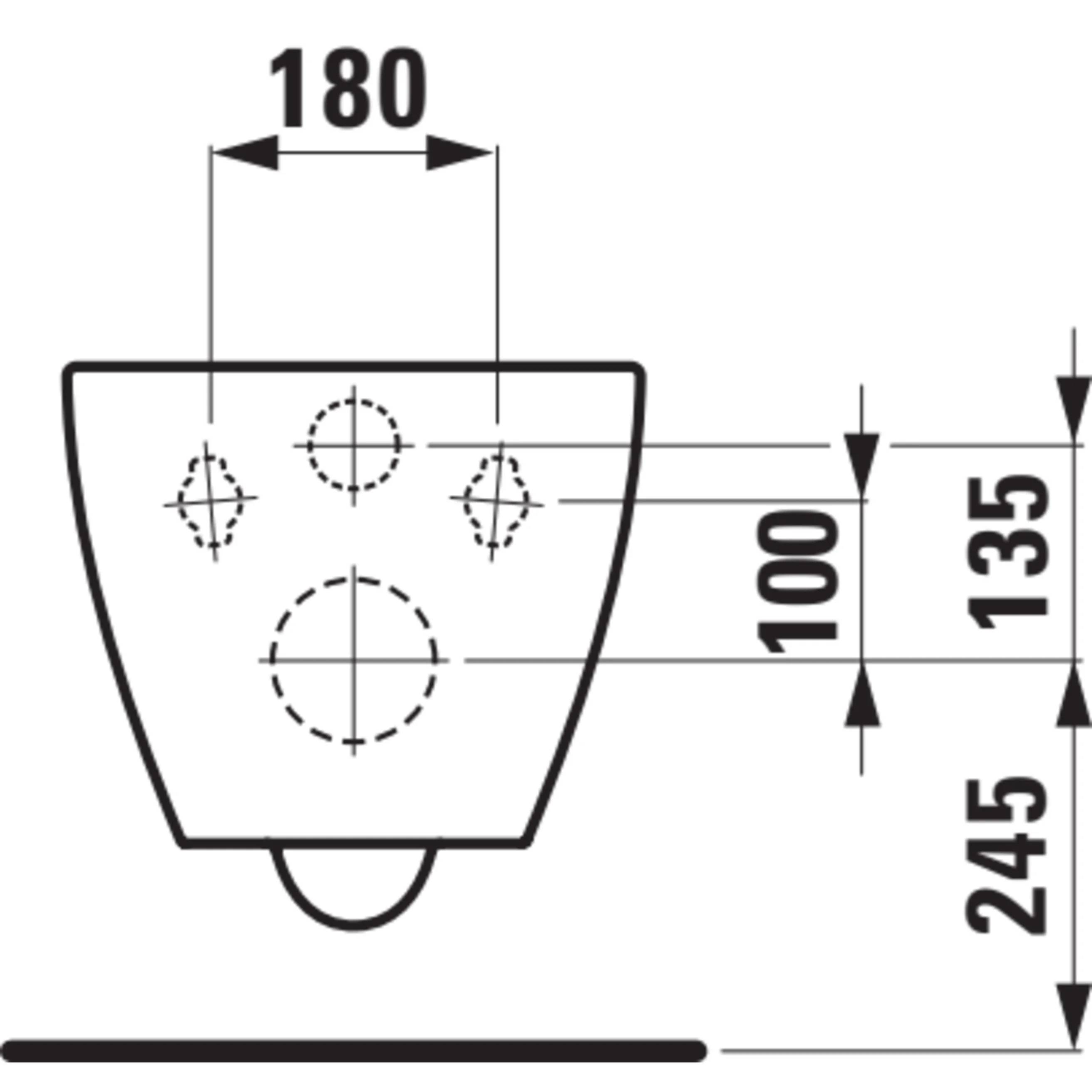 Technisches Diagramm eines konischen Teils mit vier gebohrten Löchern und einer halbkreisförmigen Ausbuchtung an der Unterseite, gekennzeichnet mit 180 Breite, 100 und 135 vertikale Versätze und 245 Gesamthöhe.