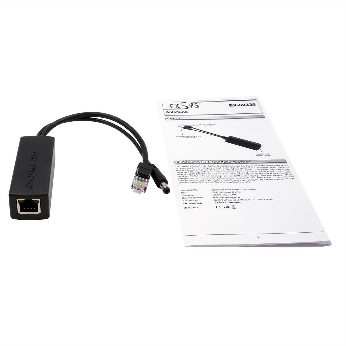 EXSYS EX-60320 10/100Mbps 802.3at PoE+ Splitter