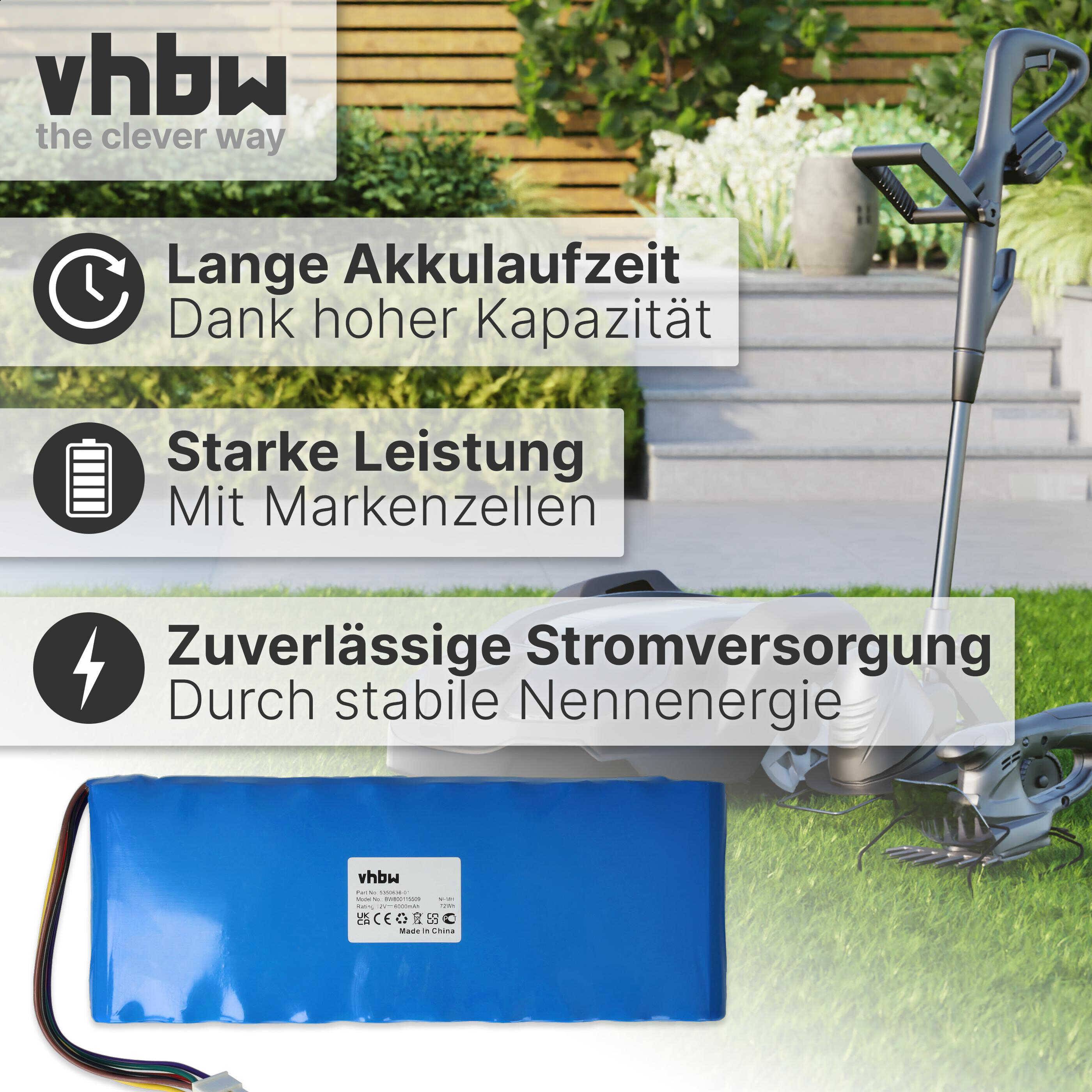 vhbw Akku Ersatz für Husqvarna 535063601, 5350962-01, 535096201, 535 06 36-01, 5350636-01, 535 09 62-01 für Rasenroboter (6000mAh, 12V, NiMH)