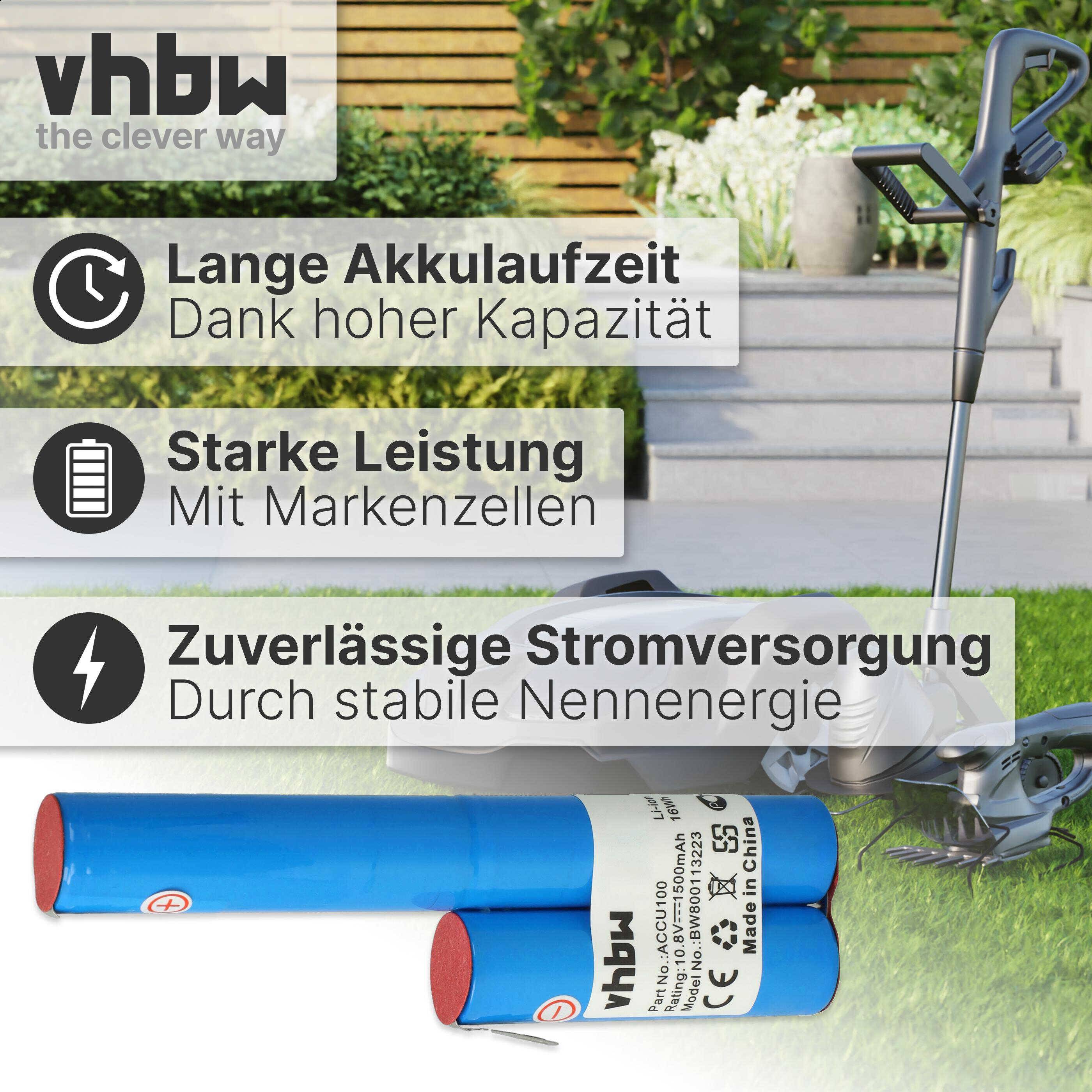 vhbw Akku Ersatz für 200787, 40773 GEW 23/07, 08830-00.640.00, 08804-00.640.00 für Rasenmäher (1500mAh, 10,8V, Li-Ion)