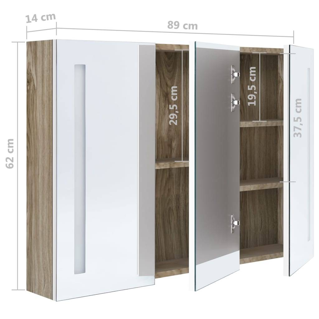 vidaXL LED-Bad-Spiegelschrank 89x14x62 cm Weiß und Eichen-Optik