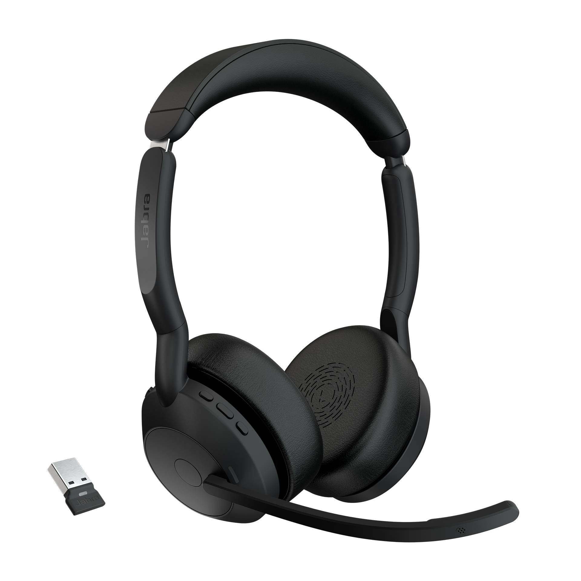 Schwarzes Over-Ear-Wireless-Headset mit Boom-Mikrofon und USB-Dongle auf schwarzem Hintergrund.