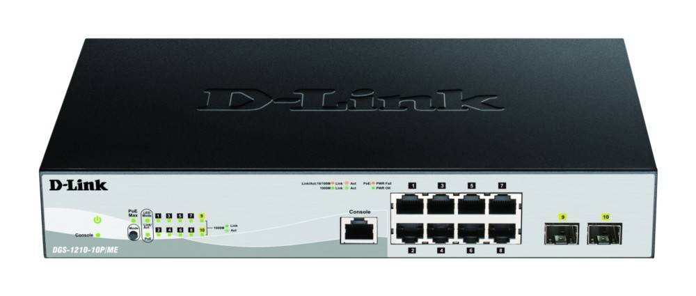 Netzwerkswitch mit acht Ethernet-Ports, LED-Anzeigen an der Vorderseite zur Statusanzeige. D-Link-Branding auf der Oberseite.
