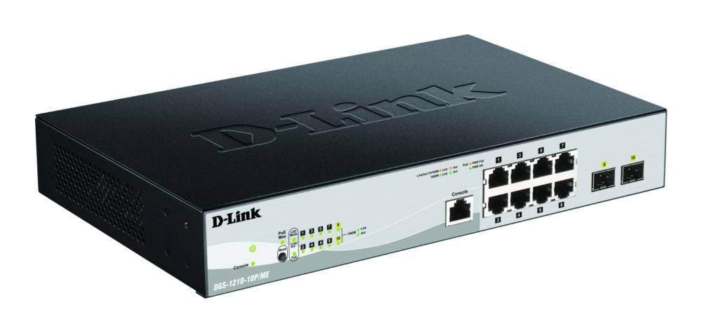 Ein schwarzer D-Link Netzwerk-Switch mit mehreren Ethernet-Anschlüssen und Statusanzeigen auf der Vorderseite, Modell DGS-1210-10P/ME.