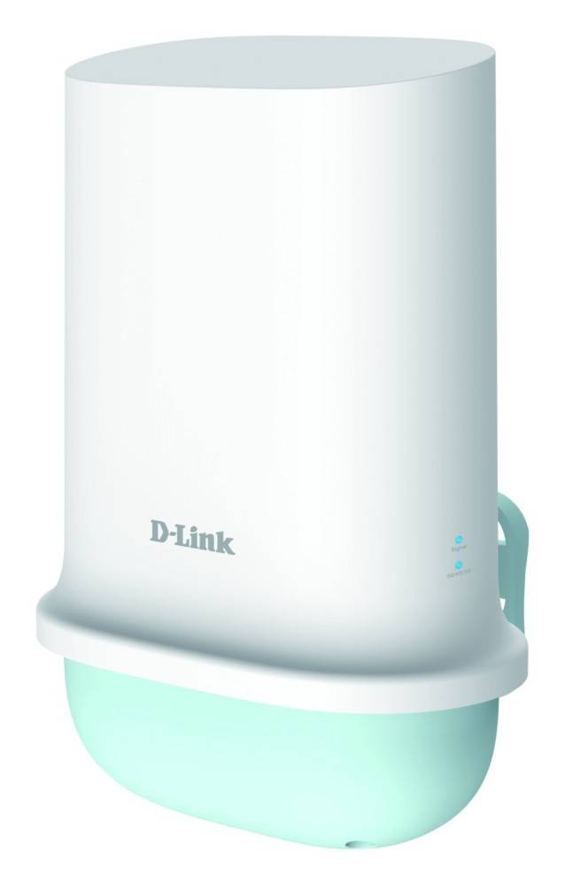 Ein D-Link-markiertes elektronisches Gerät, höchstwahrscheinlich ein Router oder Access Point, mit elegantem weißem Design und blauen Indikatorleuchten.