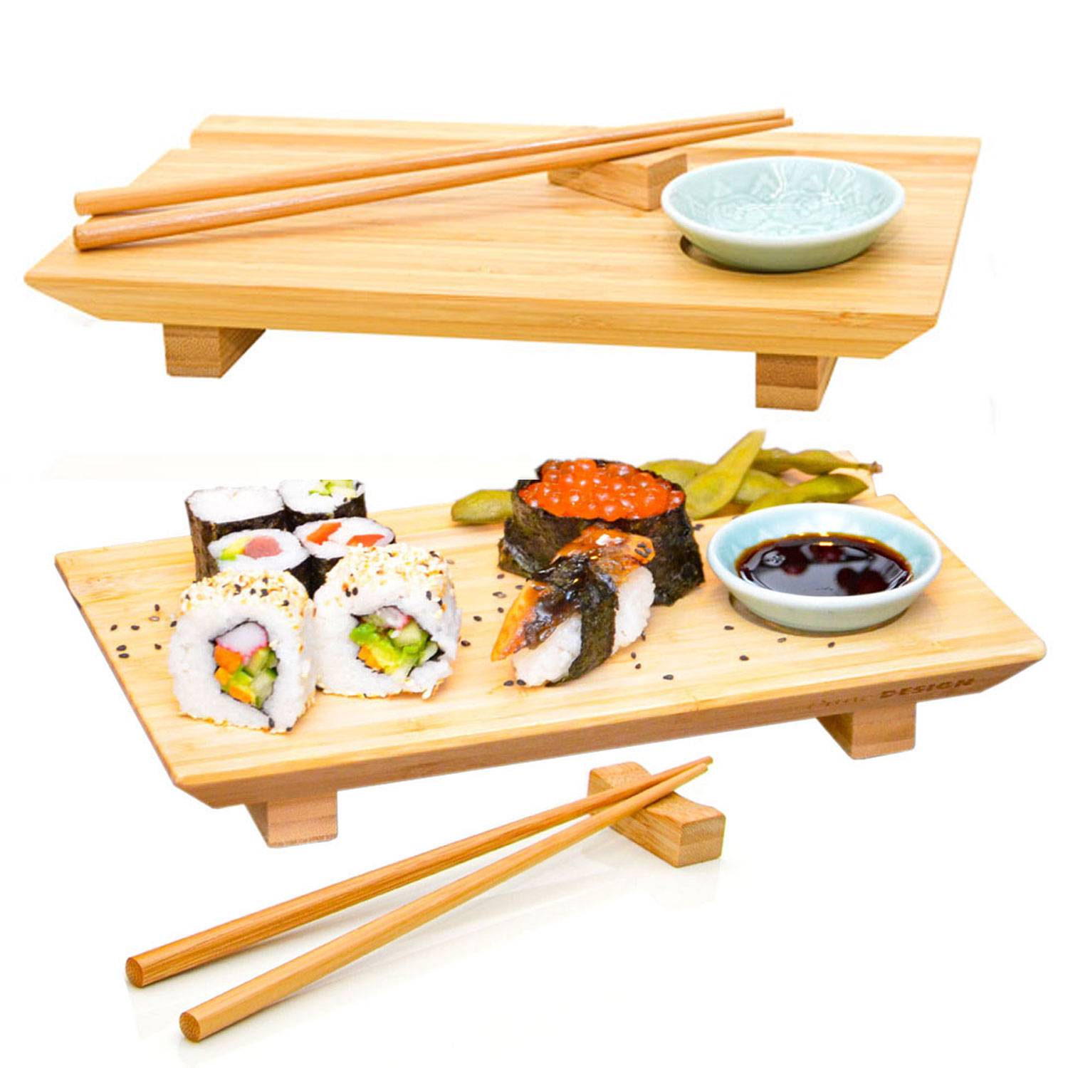 2x Japanisches Sushi Brett - 27x16x4 Bambus Platten Set - Teller mit Schälchen