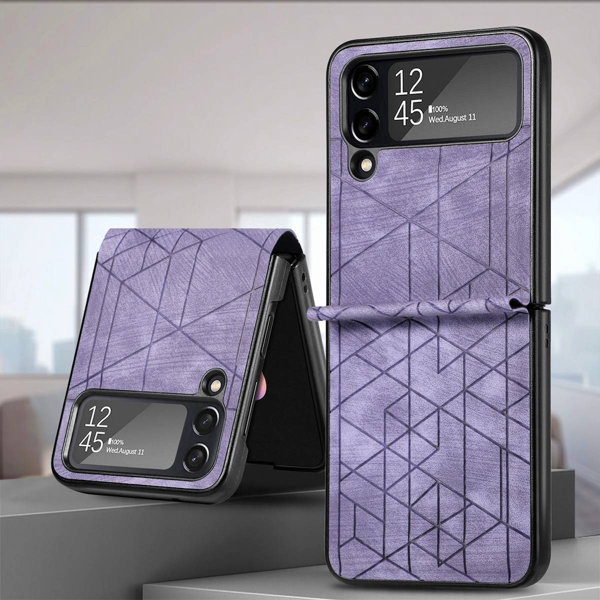 Für Samsung Galaxy Z Flip4 Faltbare Handyhülle mit geometrischer 3D-Prägung Lila Schutz Cover Handy Tasche