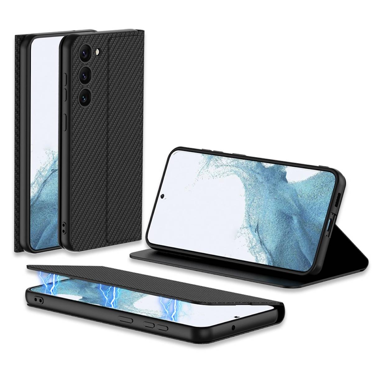 Für Samsung Galaxy S23 Plus 5G Magnet Schock Schutz Handy Tasche Carbon Schwarz Kunst-Leder Hülle Cover Etuis Zubehör Neu