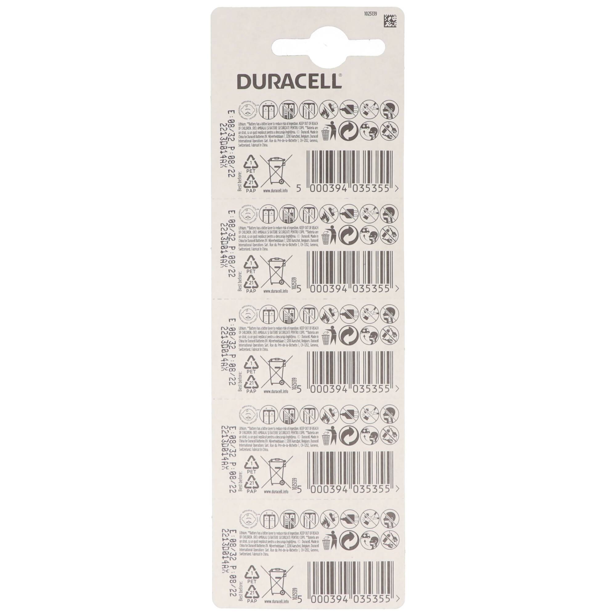 5x Duracell CR2032 Lithium Batterie 3 Volt mit bis zu 180mAh Kapazität