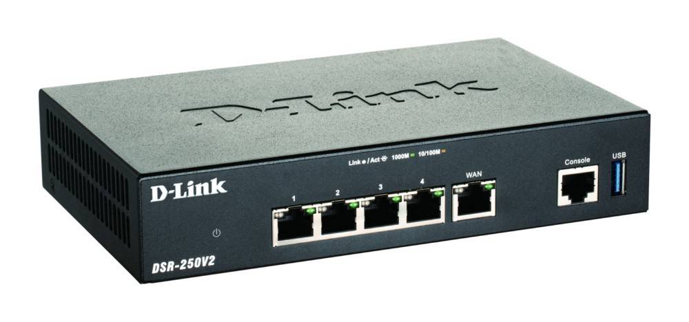 Ein schwarzer D-Link Netzwerk-Switch mit fünf Ethernet-Ports und beschrifteten Leuchten zur Anzeige von Aktivität und Netzwerkgeschwindigkeit, Modell DES-1005D.