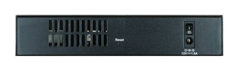 Ein schwarzes Gerät mit Belüftungsöffnungen und einem 'Reset'-Knopf auf der Frontplatte.