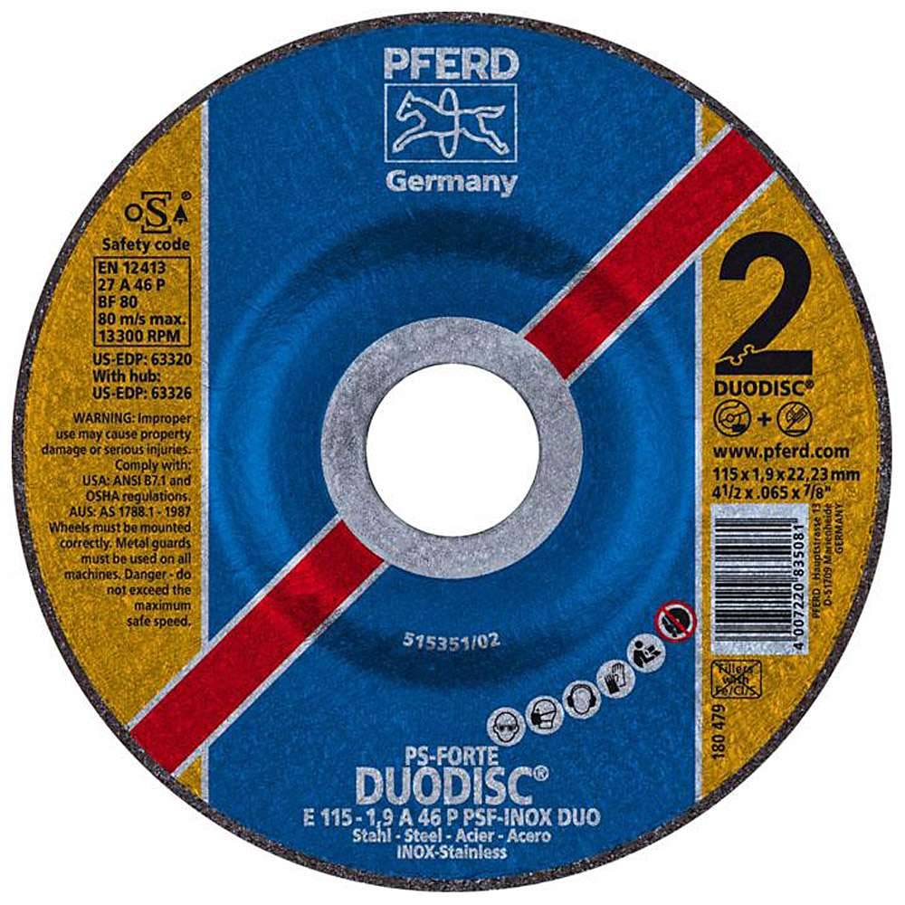 Schruppscheibe - PFERD - für Edelstahl (INOX) - Härtegrad P - Ø 115 mm - Bezeichnung E 115-1,9 A 46 P PSF-INOX-DUO/22,23 - Maße (D x U x H) 115 x