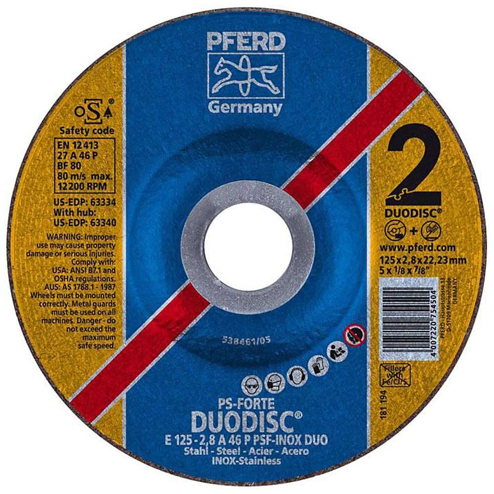 Schruppscheibe - PFERD - für Edelstahl (INOX) - Härtegrad P - Ø 125 mm - Bezeichnung E 125-2,8 A 46 P PSF-INOX-DUO/22,23 - Maße (D x U x H) 125 x