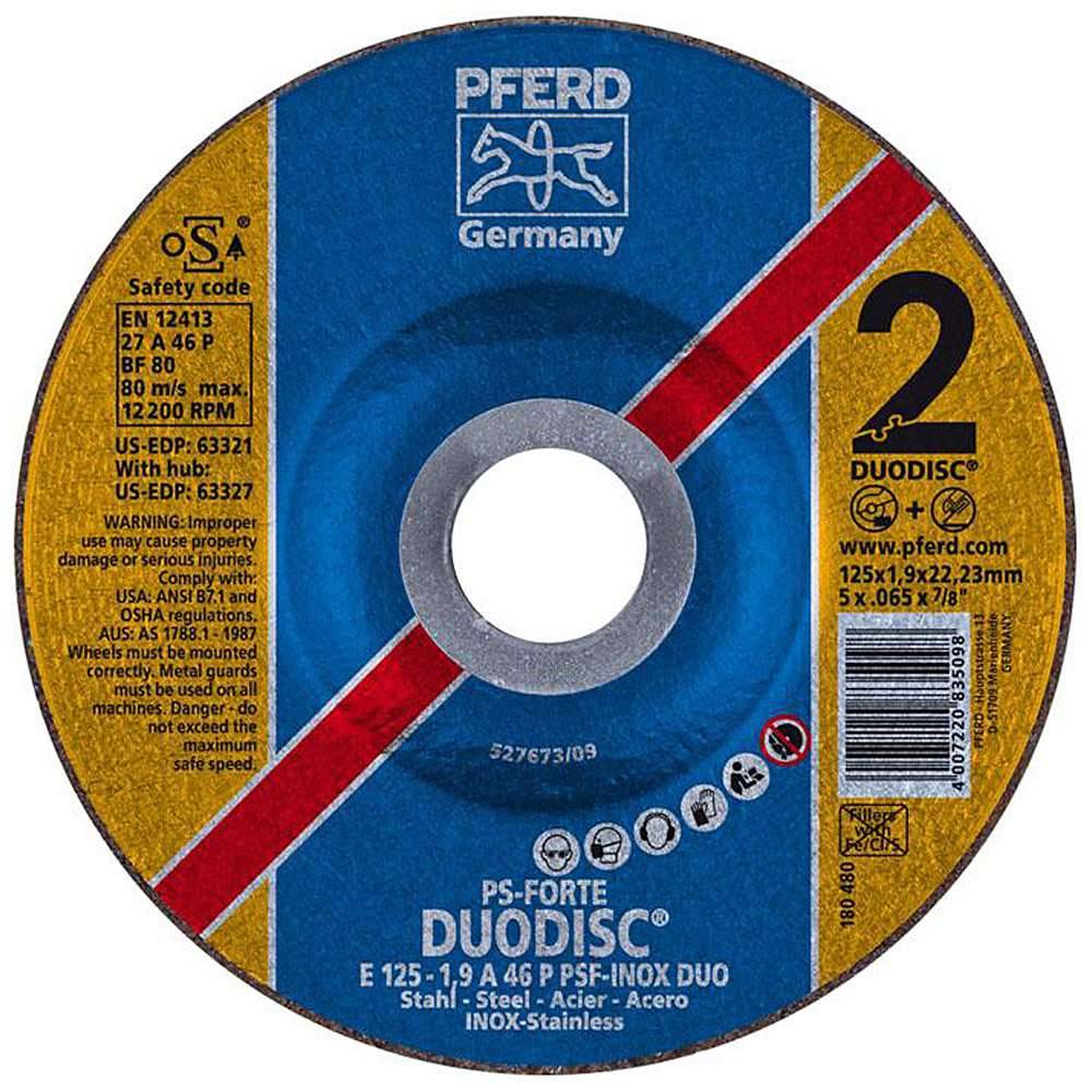 Schruppscheibe - PFERD - für Edelstahl (INOX) - Härtegrad P - Ø 125 mm - Bezeichnung E 125-1,9 A 46 P PSF-INOX-DUO/22,23 - Maße (D x U x H) 125 x