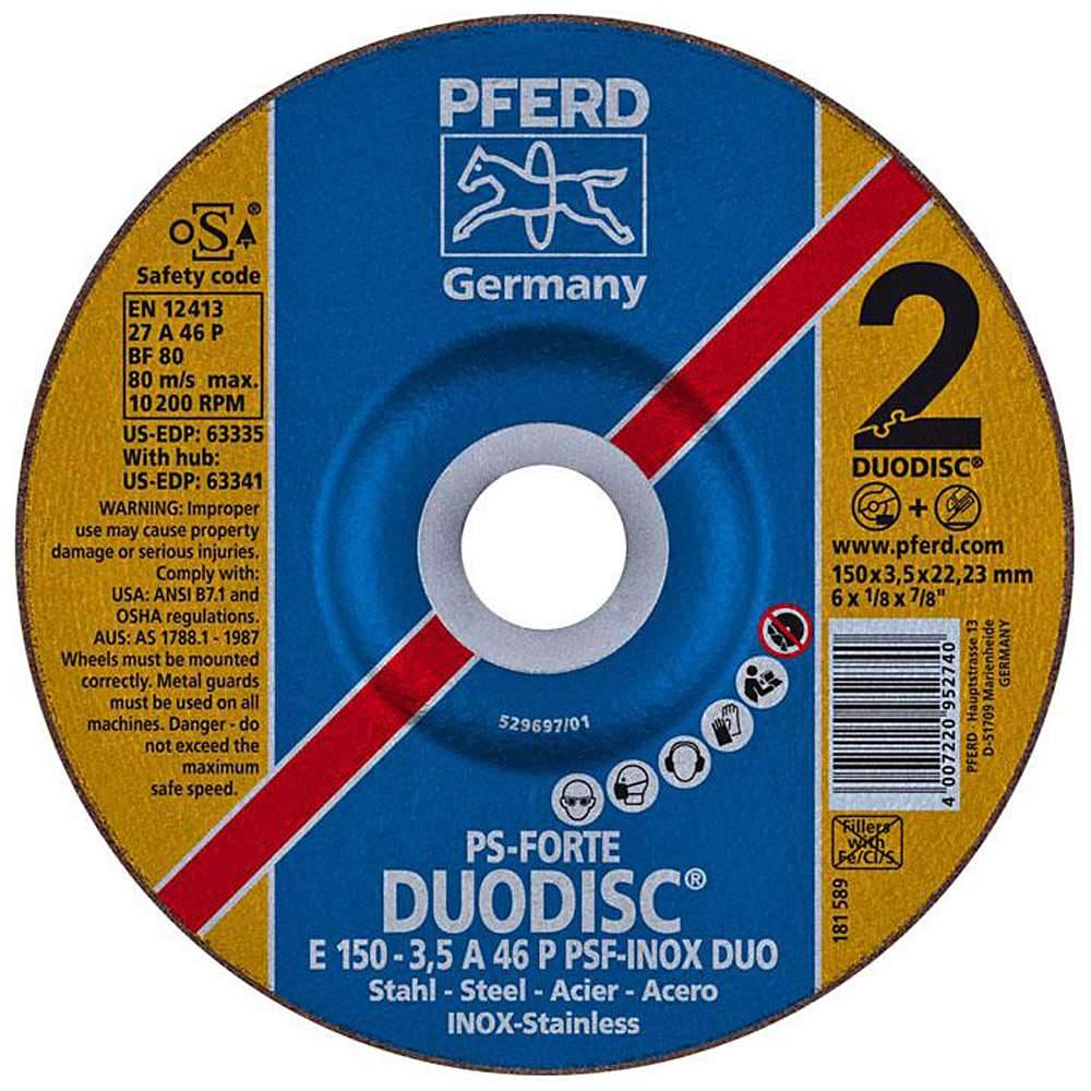 Schruppscheibe - PFERD - für Edelstahl (INOX) - Härtegrad P - Ø 150 mm - Bezeichnung E 150-3,5 A 46 P PSF-INOX-DUO/22,23 - Maße (D x U x H) 150 x