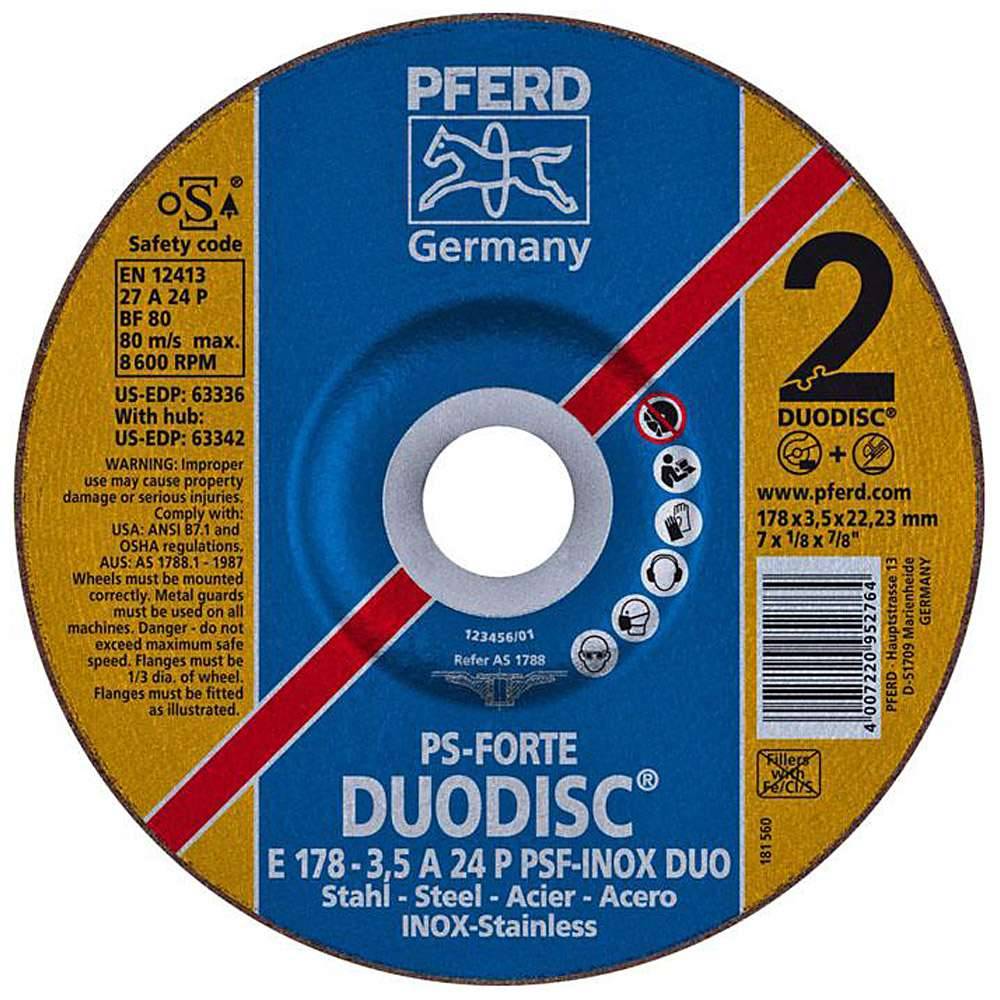Schruppscheibe - PFERD - für Edelstahl (INOX) - Härtegrad P - Ø 178 mm - Bezeichnung E 178-3,5 A 24 P PSF-INOX-DUO/22,23 - Maße (D x U x H) 178 x