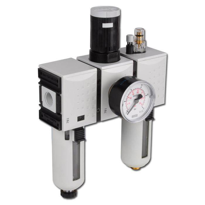 Wartungseinheit Futura - Filter 5 µm + Regler + Tropfenöler - 16bar - bis 3500l/min - mit Manometer - Handablass - Gewinde G 3/8" innen