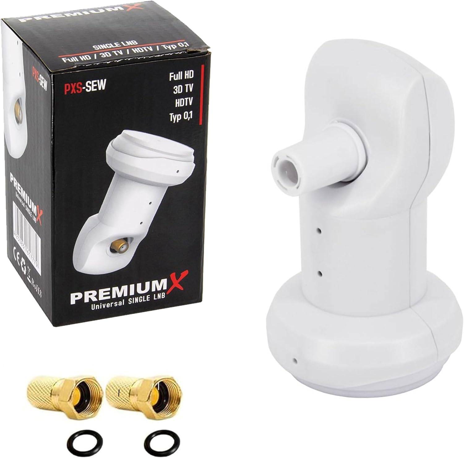 Premium X Single LNB - 1Fach - für 1 Teilnehmer - 4K Full HD - mit Wetterschutz und LTE Filter + 2X F-Stecker für Satellitenschüssel Digital TV Fer