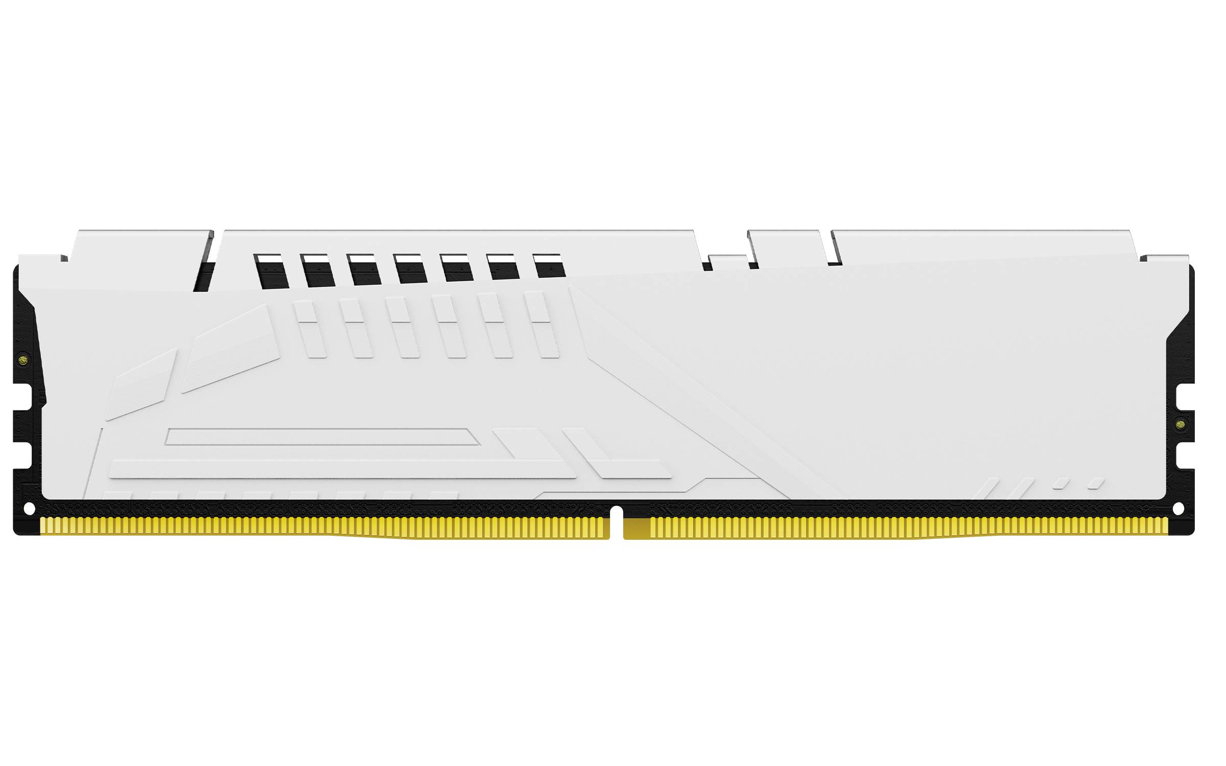 Weißes Computerspeichermodul RAM auf einem einfachen Hintergrund dargestellt, mit goldenen Steckerkontakten entlang der unteren Kante.