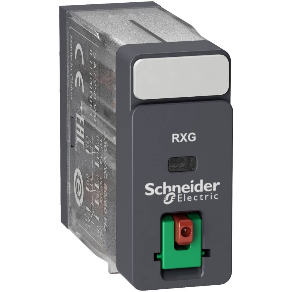Ein Schneider Electric Relais mit Modellidentifikation 'RXG'. Das Bild zeigt ein graues Äußeres mit einem grünen Schalter und Markenbezeichnung.