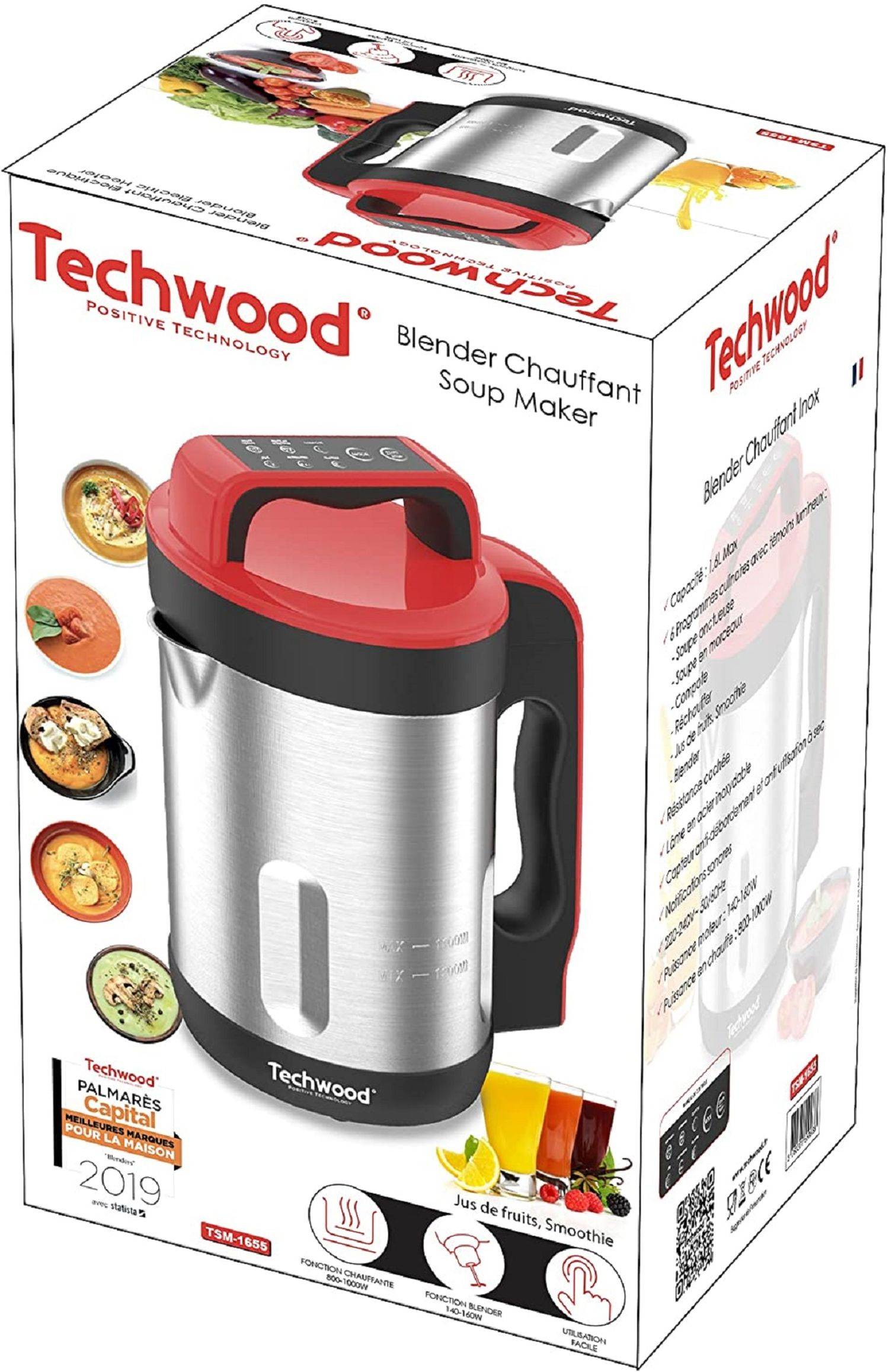 Techwood TSM-1655 Standmixer, beheizbar, Kapazität 1,6 l, Suppe samtig, Kompot, Warmhaltefunktion, 1000 W, Edelstahl