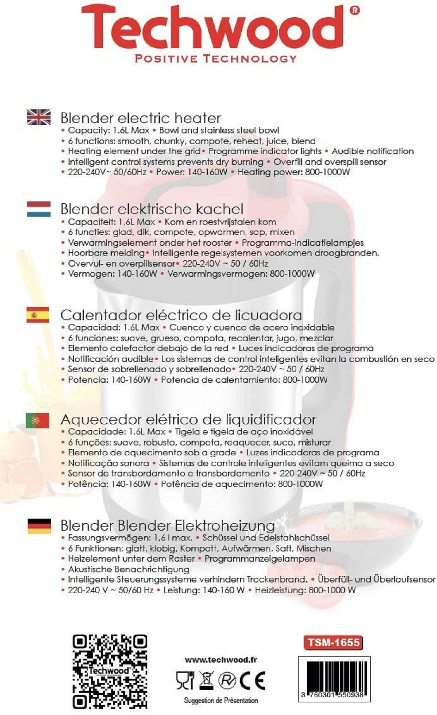 Techwood TSM-1655 Standmixer, beheizbar, Kapazität 1,6 l, Suppe samtig, Kompot, Warmhaltefunktion, 1000 W, Edelstahl