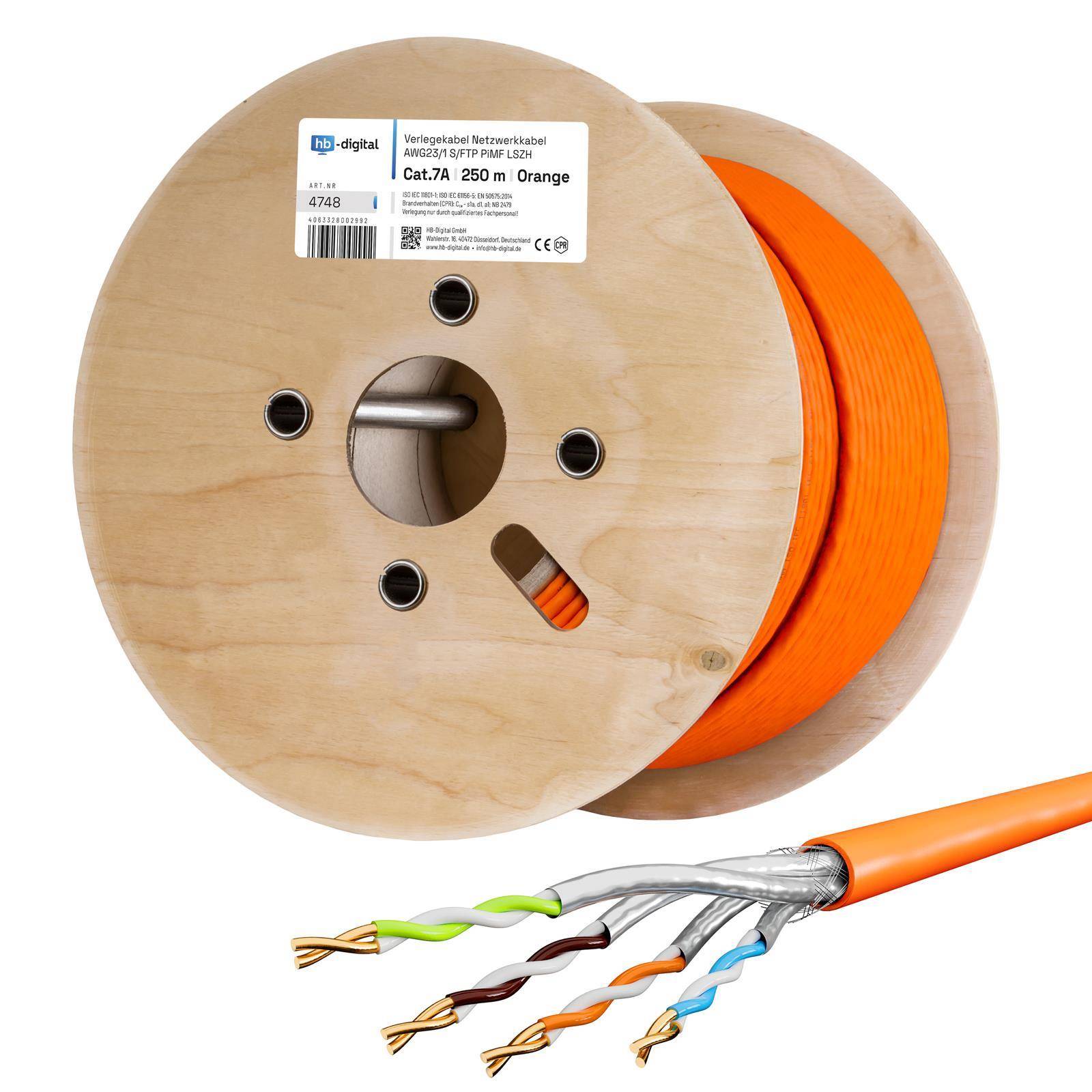 hb-digital CAT 7a Kabel Installationskabel 250m max.1200 MHz S/FTP AWG23 LSZH orange