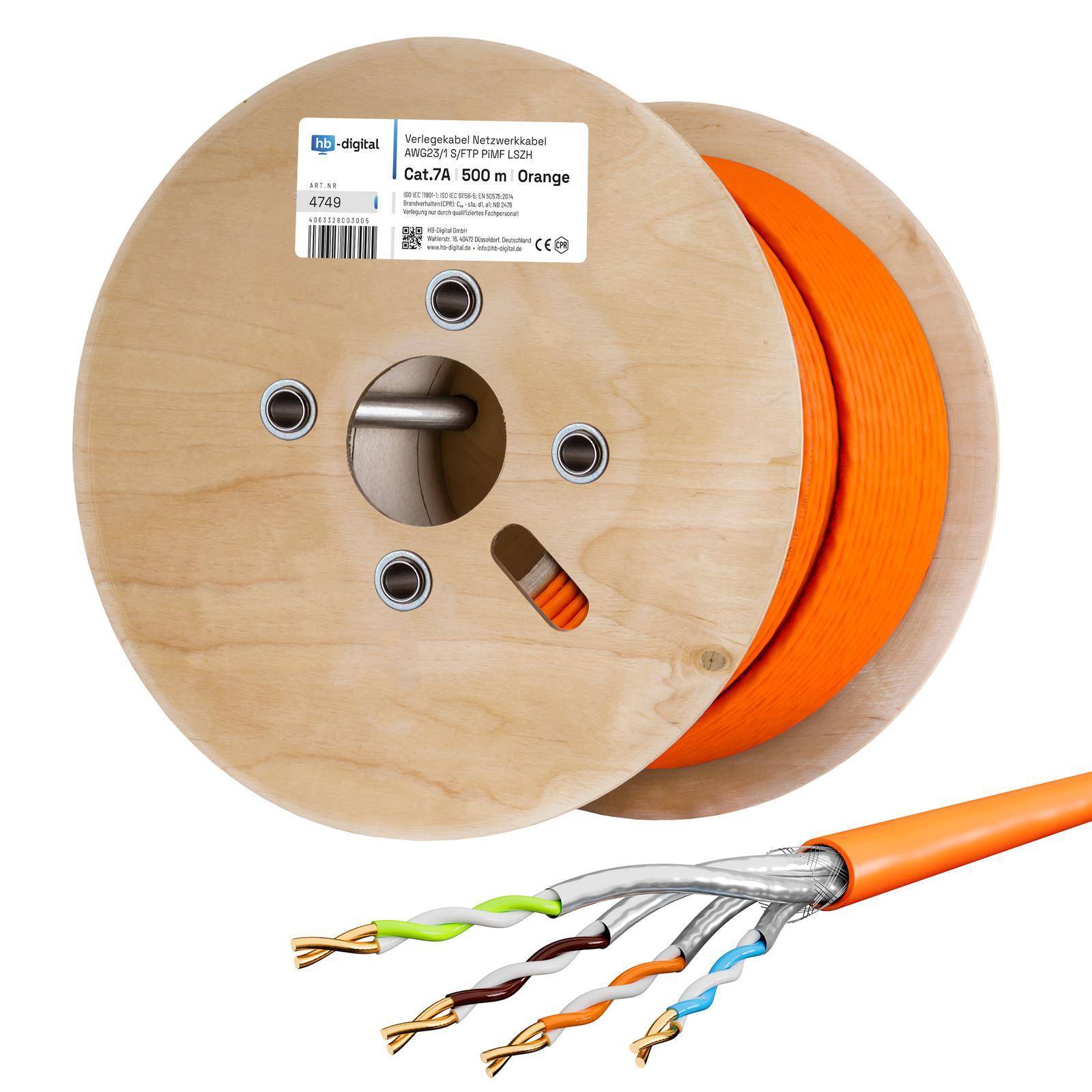 hb-digital CAT 7a Netzwerkkabel 500m Installationskabel S/FTP AWG23 LSZH orange