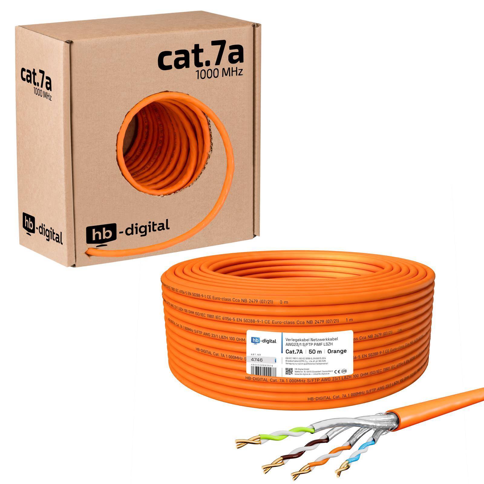 Orange Cat.7a Ethernet-Kabel von hb-digital, dargestellt als 50-m-Spule mit Verpackungskarton und freiliegendem Twisted-Wire-Steckerends.