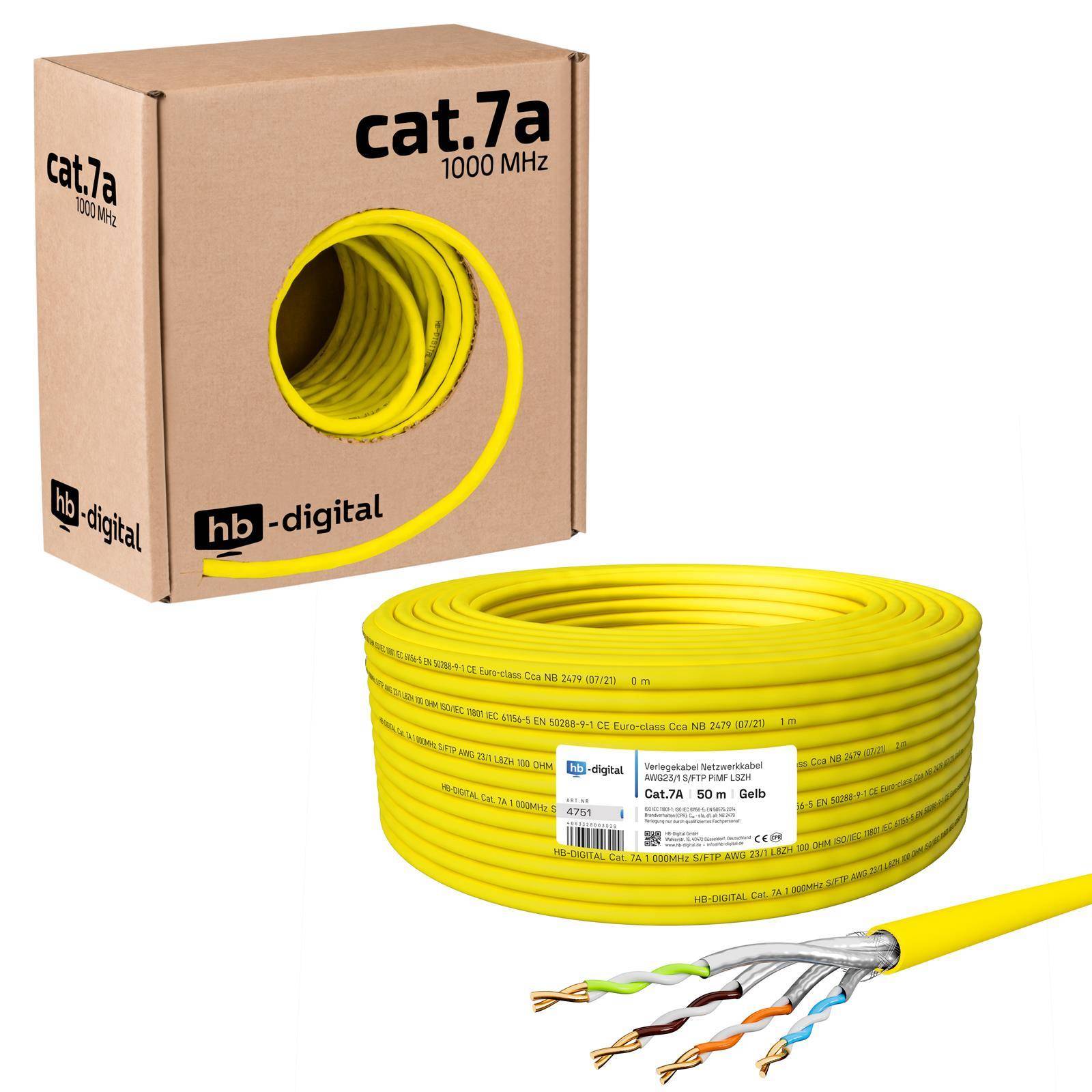 Cat 7a Ethernet-Kabelset: gelbe Kabelspule mit freiliegenden verdrillten Adernpaaren und eine braune Box mit der Aufschrift „cat.7a 1000 MHz