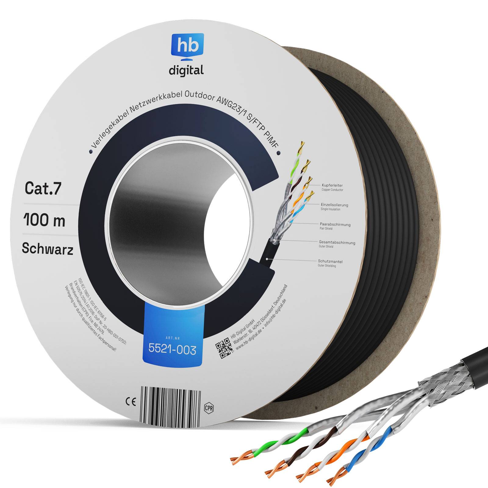 hb-digital 100m Netzwerkkabel CAT 7 Outdoor LAN max. 1000 MHz S/FTP PE AWG23 PoE++ kompatibel