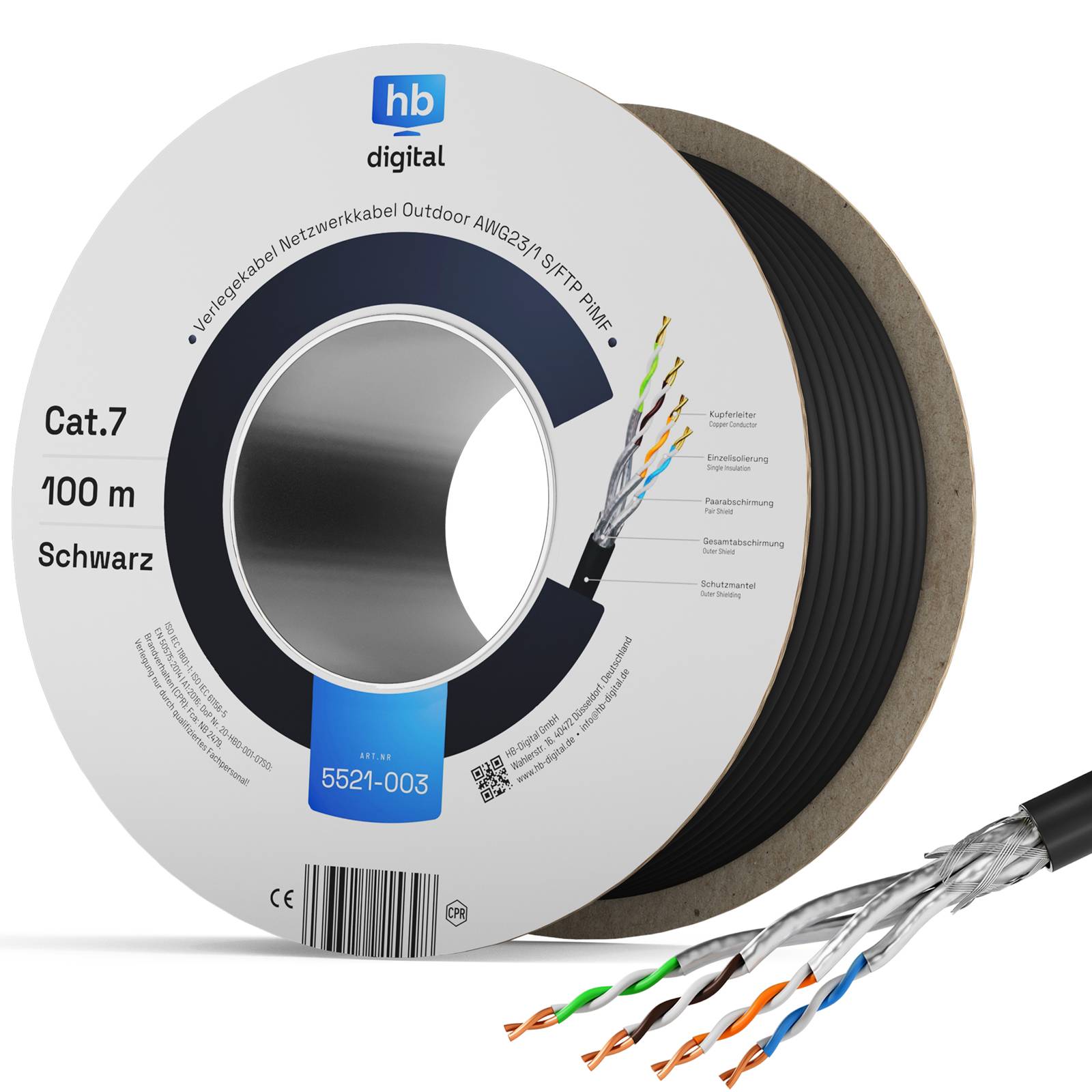 hb-digital CAT 7 Außen Verlegekabel 100m Installationskabel S/FTP PE AWG23