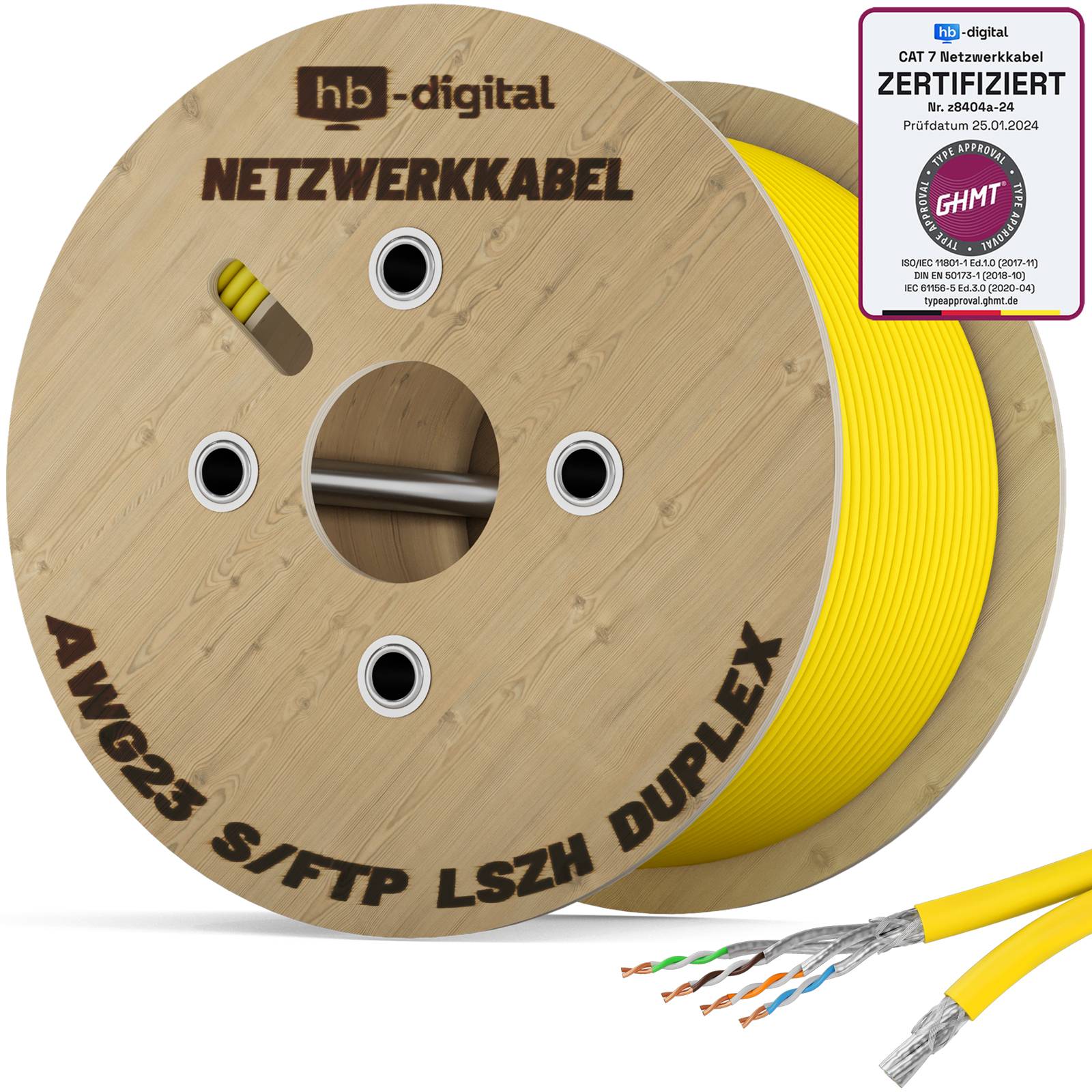 hb-digital CAT 7 Kabel 250m Duplex Ethernet Kabel S/FTP AWG23 LSZH gelb
