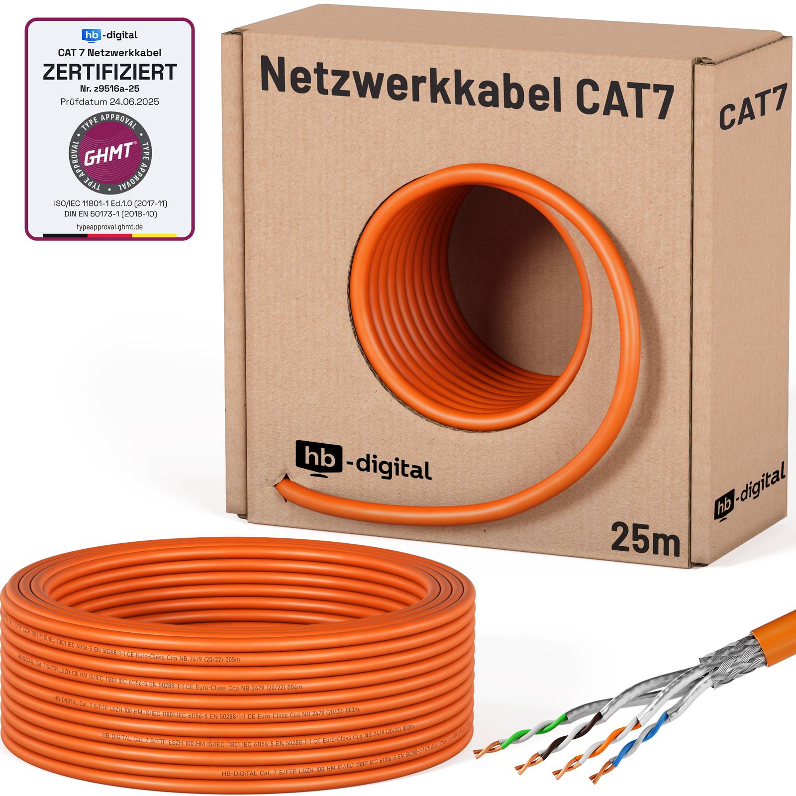 hb-digital Netzwerkkabel CAT 7 Installationskabel 25m Ethernet max. 1000 MHz S/FTP AWG23 LSZH orange