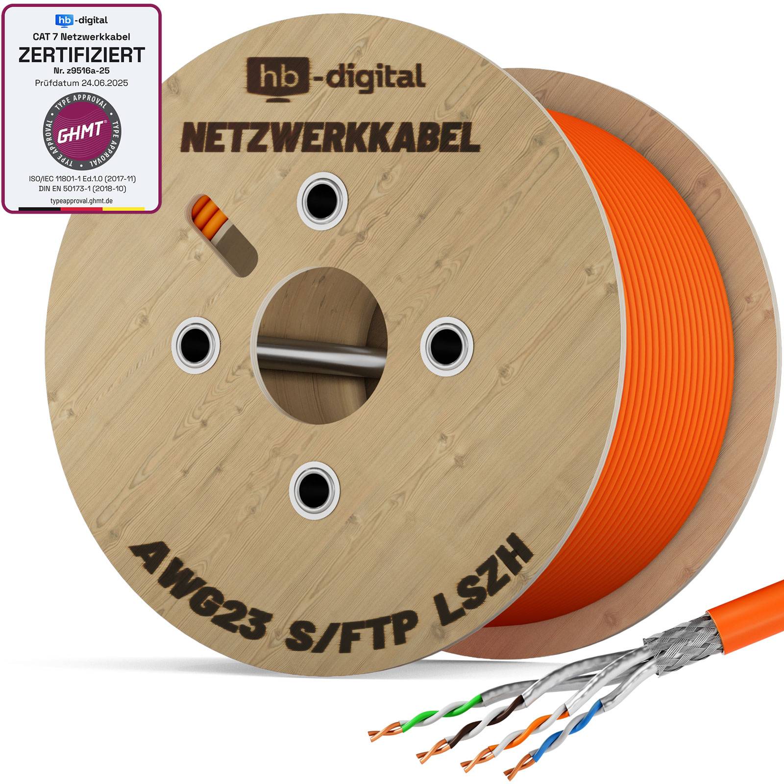 hb-digital Netzwerkkabel CAT 7 S FTP AWG23 LSZH 1000MHz 500m orange