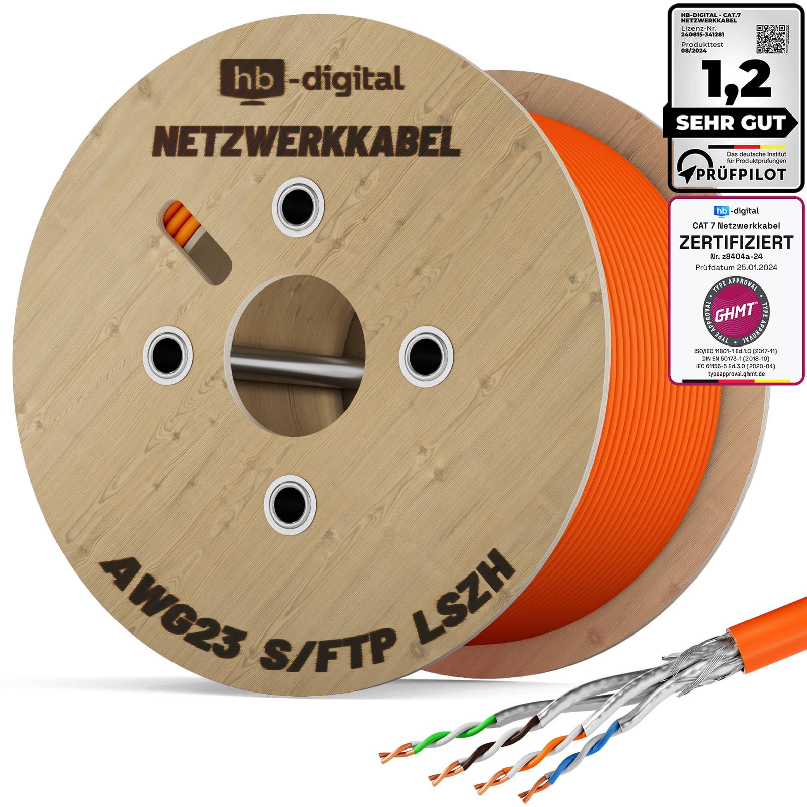 hb-digital CAT 7 Kabel 500m Installationskabel max. 1000 MHz S/FTP AWG23 LSZH orange