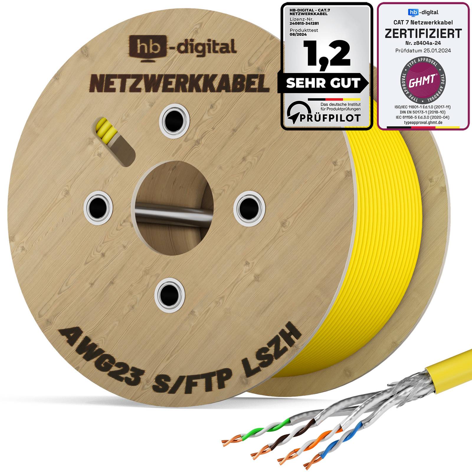 hb-digital CAT7 Netzwerkkabel 500m Simplex Installationskabel max. 1000 MHz S/FTP AWG23 LSZH gelb