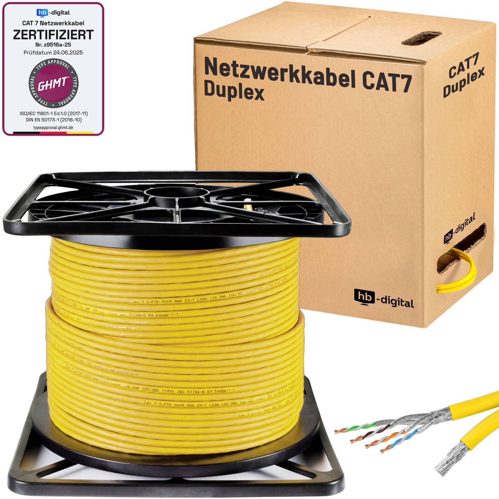 Gelbe CAT7-Duplex-Netzwerkkabelspule mit Karton, gekennzeichnet mit 