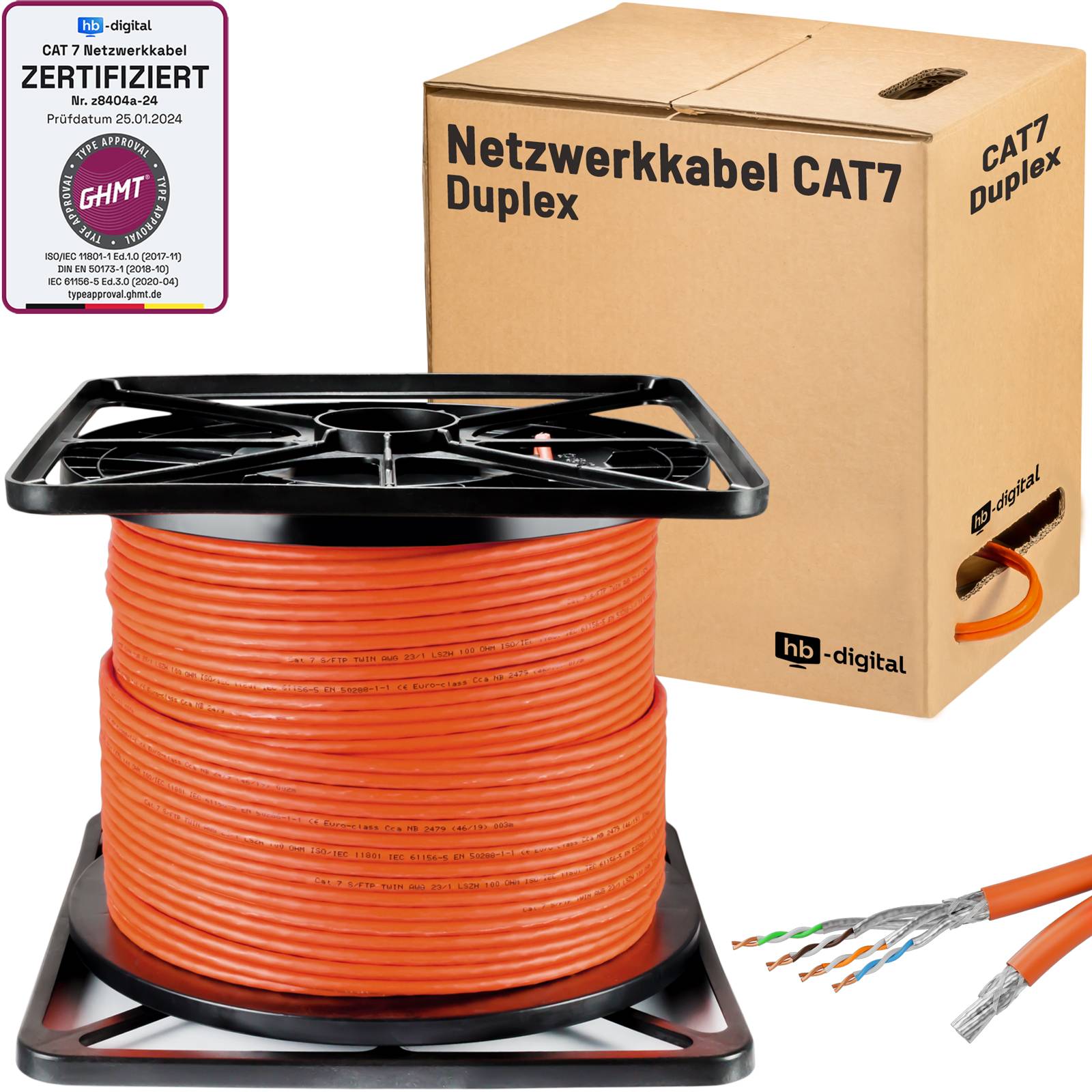 hb-digital CAT7 Kabel 100m Duplex Ethernet Kabel CAT 7 S/FTP AWG23 LSZH orange