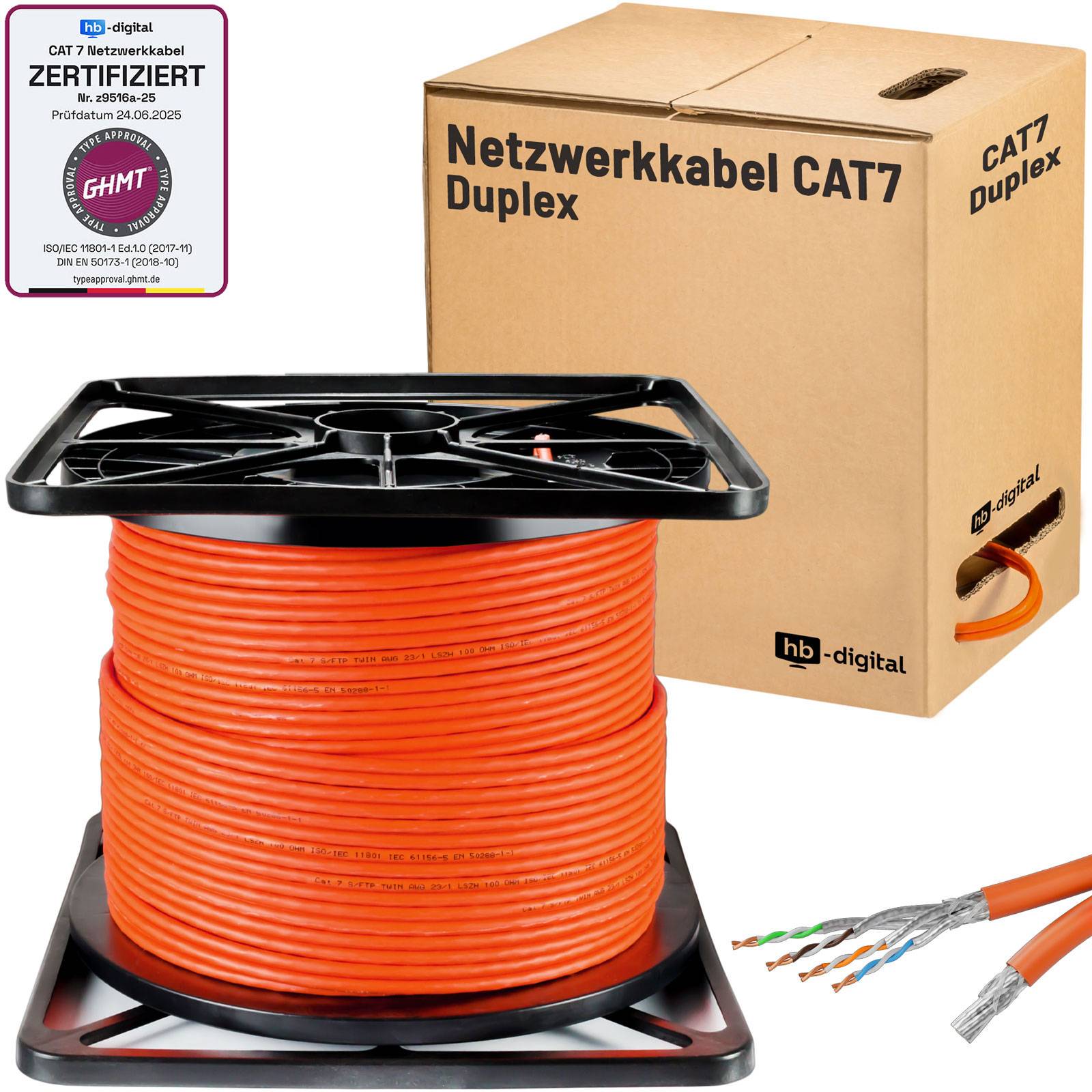 Orange CAT7 Duplex-Netzwerkkabel auf einer Spule mit Box mit der Beschriftung „Netzwerkkabel CAT7 Duplex
