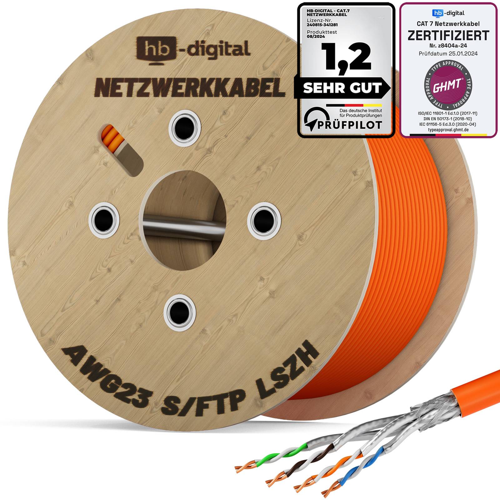 hb-digital CAT 7 Verlegekabel 1000m Installationskabel max. 1000 MHz S/FTP AWG23 LSZH orange