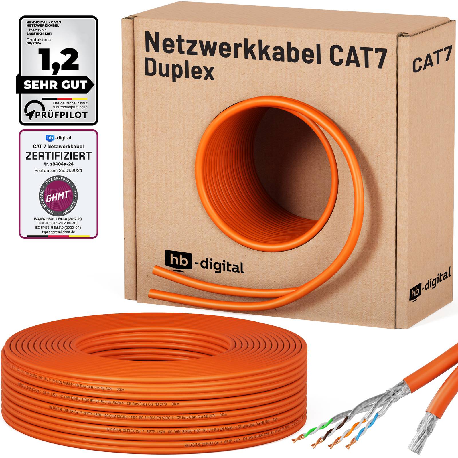 hb-digital Kabel CAT 7 25m Duplex Netzwerkkabel CAT 7 S/FTP AWG23 LSZH orange