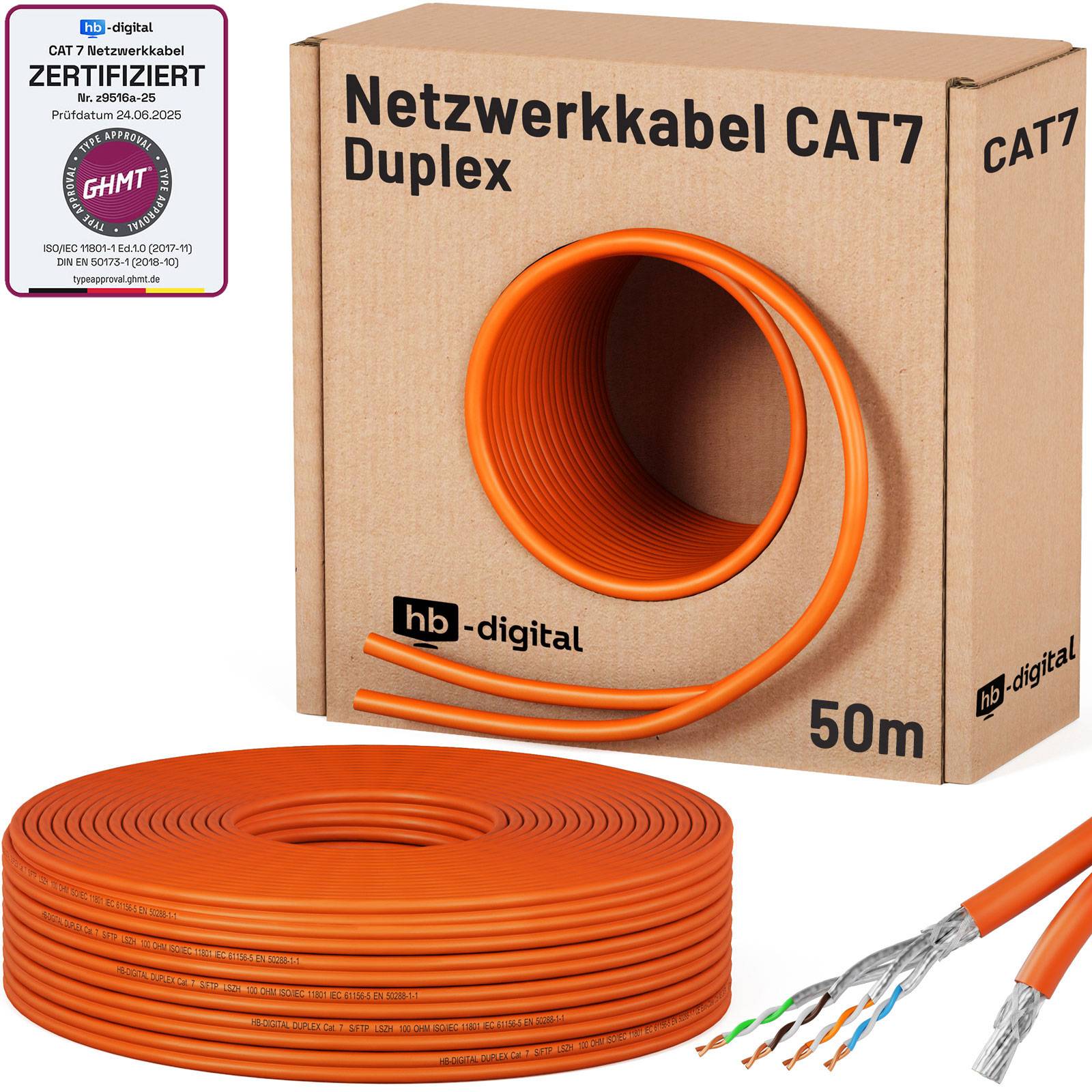 Verpacktes oranges CAT7-Duplexnetzwerkkabel, 50 m, mit Zertifizierungsetikett und freiliegenden verdrillten Adern an einem Ende