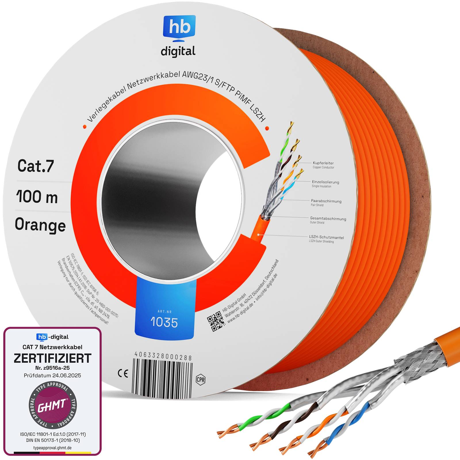 hb-digital CAT7 Kabel 100m Installationskabel Cat7 Kabel S/FTP AWG23 LSZH orange